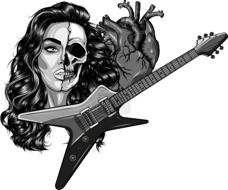 Téléchargez les illustrations : Illustration de guitare électrique avec coeur humain et visage de femme - en licence libre de droit