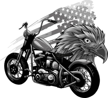 Téléchargez les illustrations : Illustraton une moto avec l'aigle à tête et le drapeau américain - en licence libre de droit