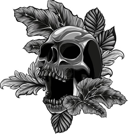 illustration du crâne et des feuilles sur fond blanc