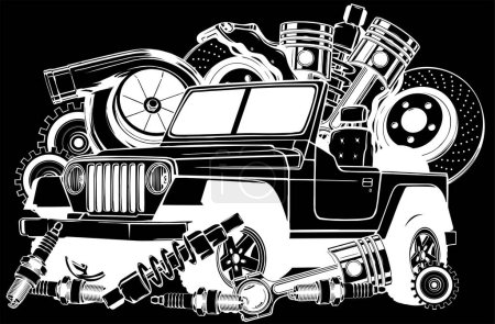 Illustration for Vector vintage jeep car service, store of spare parts retro car - Royalty Free Image