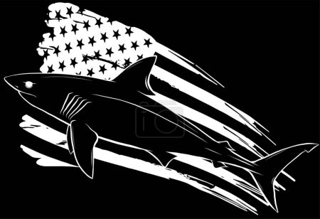 USA flag over Shark vector silhouette isolated on black background. Sea predator