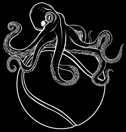 Illustration for Octopus on tennis ball vector illustration on black background. digital hand draw - Royalty Free Image