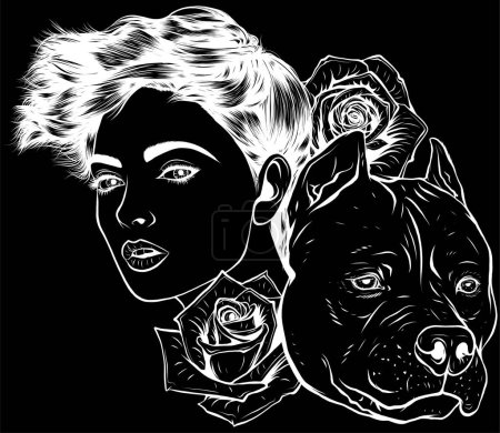 Illustration for Sexy women head with pit bull head and roses. vector illustration design on black background - Royalty Free Image