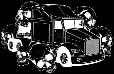 Ilustración de Camión americano con cráneos alrededor de ilustración vectorial sobre fondo blanco. - Imagen libre de derechos