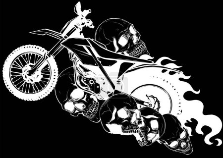 Illustration for Skulls around motocross motorcycle with flames vector - Royalty Free Image