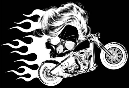 Téléchargez les illustrations : Crâne de femme et moto personnalisée avec des flammes. illustration vectorielle - en licence libre de droit