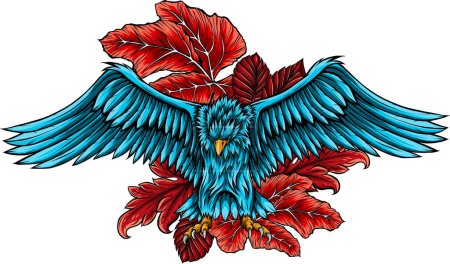 Téléchargez les illustrations : Illustration d'aigle avec des feuilles sur fond blanc - en licence libre de droit