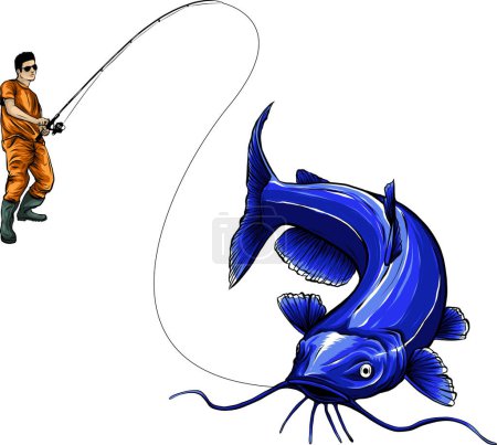 Téléchargez les illustrations : Illustration d'un pêcheur attrapant un poisson-chat - en licence libre de droit