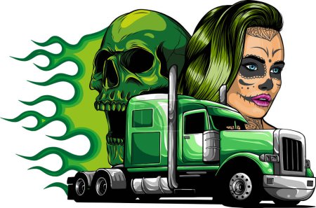 Téléchargez les illustrations : Camion américain avec crânes autour de l'illustration vectorielle onh fond blanc. dessin numérique à la main - en licence libre de droit
