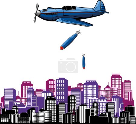 Téléchargez les illustrations : Illustration d'un avion bombardier en ville - en licence libre de droit