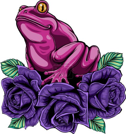 Vektor für Frosch auf roten Rosen mit Blättern Illustration Design auf weißem Hintergrund - Lizenzfreies Bild