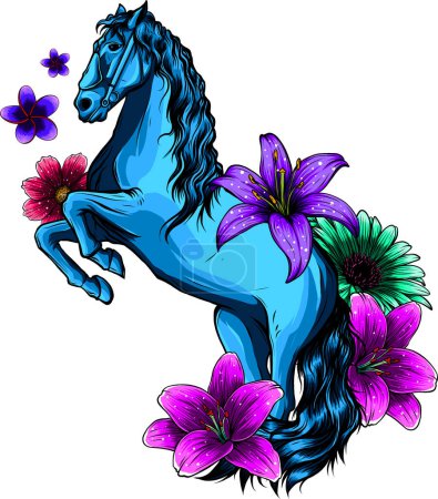 horse with peony flowers pink vector illustration