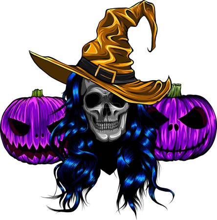 illustration of skull witch with pumpkin on white background