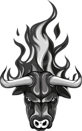 illustration of monochrome head bull with flames on white background