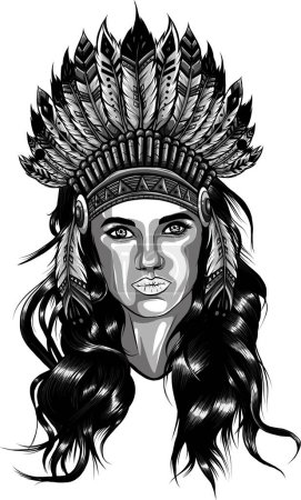 Illustration for Native american indian chief woman wearing traditional feathered headdress black and white vector portrait - Royalty Free Image