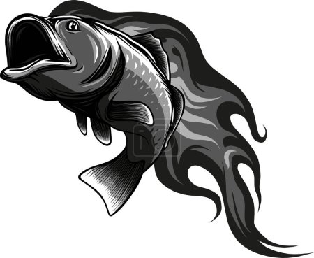 illustration of monochrome bass fish with flames