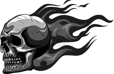 monochrome Skull on Fire with Flames Vector Illustration. black and white fire skull