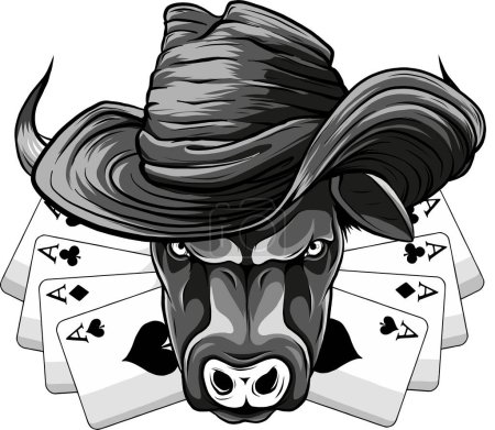 Taureau de style dessin animé avec chapeau de cow-boy, logo vecteur animal.