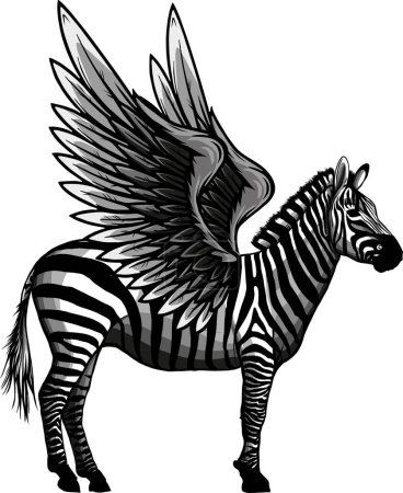 Cute zebra with wings. Isolated animal. Sketch scratch board imitation. Black and white. Engraving vector illustration