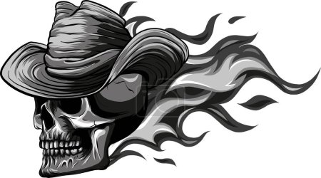 monochrome Skull on Fire with Flames Vector Illustration. black and white fire skull