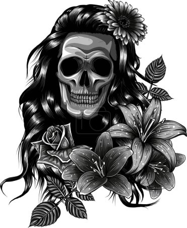 Leaning Skull Flowers Illustration (en inglés). vector de alta calidad