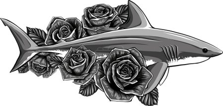 Illustration for Vector illustration of shark with roses - Royalty Free Image