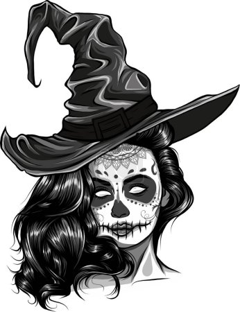Illustration for Beautiful witch in a classic hat and hair - Royalty Free Image