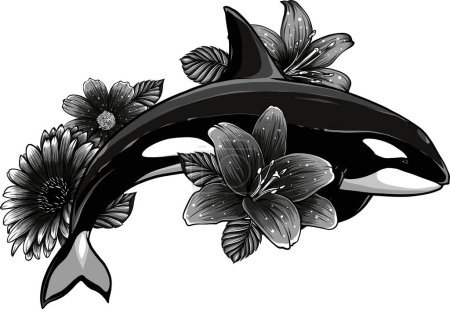 Ilustración de Ballena asesina monocromática con flor - Imagen libre de derechos