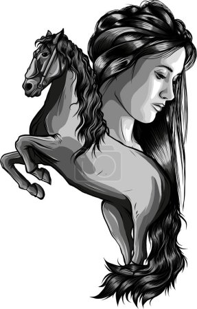 hermosa mujer con el pelo largo y cabeza de caballo mustang salvaje - niña y espíritu animal negro y blanco esquema de vectores retrato