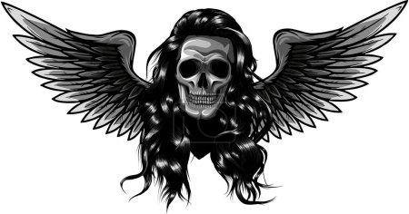 Téléchargez les illustrations : Crâne dessiné à la main avec des ailes. Illustration vectorielle, croquis de tatouage, emblème. - en licence libre de droit