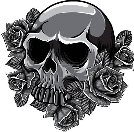 illustration of monochrome Skull with roses Flowers.
