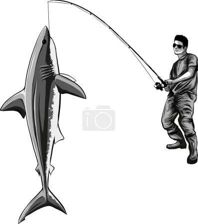Etiqueta de pesca con un tiburón y un pescador