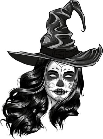 Illustration for Monochrome beautiful makeup skull witch in a classic hat - Royalty Free Image