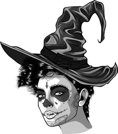 Illustration for Monochrome witch in a classic hat vector illustration - Royalty Free Image