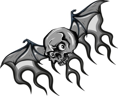 monochrome skull with bat wing on flames