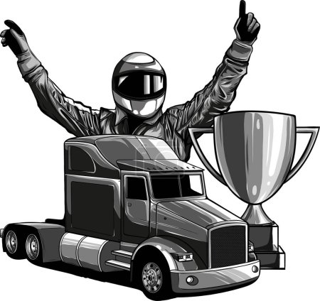 Illustration for Monochrome set of a truck with pilot and cup - Royalty Free Image