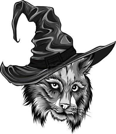 Téléchargez les illustrations : Tête de lynx monochrome avec chapeau sorcier - en licence libre de droit