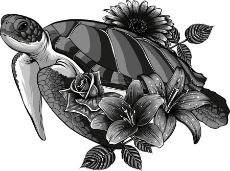 illustration of monochrome sea turtle with flower on white background