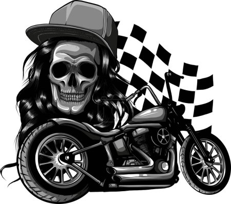 monochromatic illustration of custom Motorcycle with woman skull and race flag