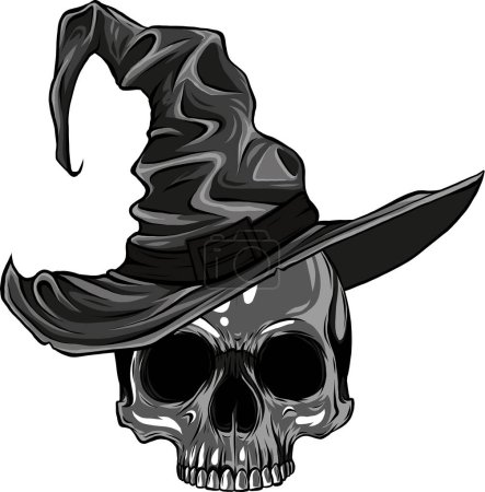 Crâne effrayant en chapeau de sorcière illustration vectorielle isolé sur blanc. Impression Halloween mystique pour la conception de cartes postales ou de tee-shirts.