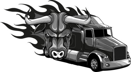Illustration for Monochrome semi truck with bull and flames vector illustration - Royalty Free Image