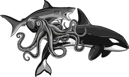 Téléchargez les illustrations : Illustration de la collection monochrome d'animaux de mer - en licence libre de droit