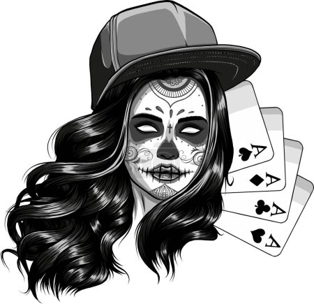 Pokerkarten mit Mädchen Make-up Totenkopf, Vektorillustration