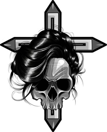 Imagen vectorial monocromática de cruz decorada con cráneos, aislada sobre fondo transparente.