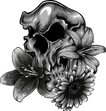Leaning Skull Flowers Illustration (en inglés). vector de alta calidad
