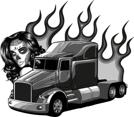 Illustration for Monochrome semi truck with head woman anf flames vector illustration - Royalty Free Image