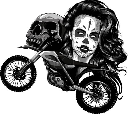 monochromatic illustration of Motorcycle with makeup woman and skull