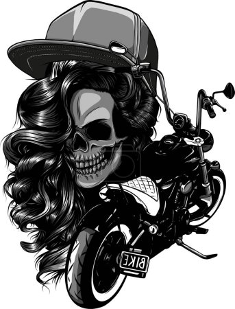 monochromatic illustration Motorcycle woman skull with