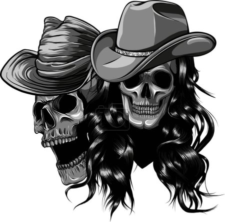 Illustration von Totenkopf Cowboy monochrom auf weißem Hintergrund