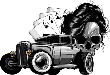 Vector illustration of a skull with hot rod and cards